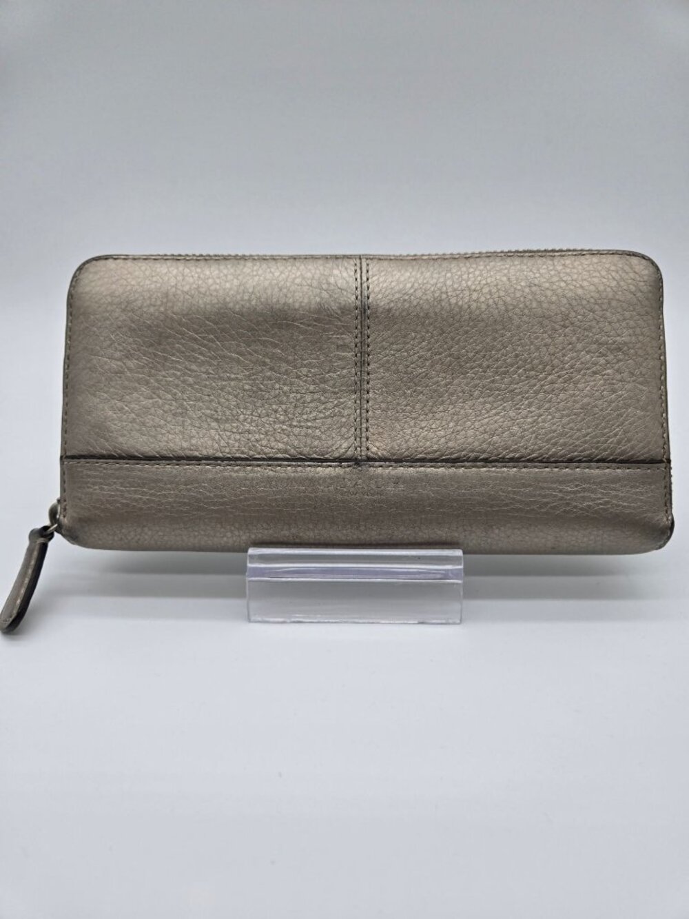 Coach Park Metallic Pebbled Leather Accordion Zip Around Wallet Clutch Silver Go